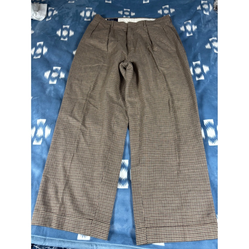 Polo Ralph Lauren Mens Brown Houndstooth Linen Cotton Pleated Trousers 33x30